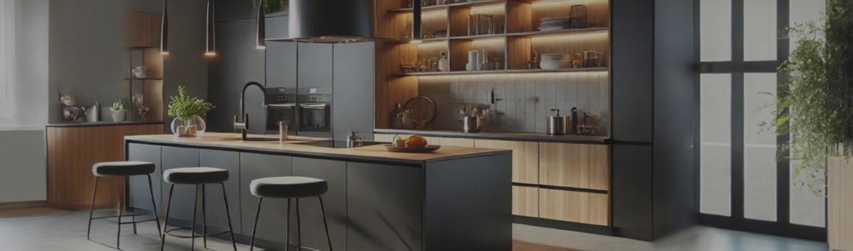 کابینت آشپزخانه با جزیره و قفسه‌بندی نوردار